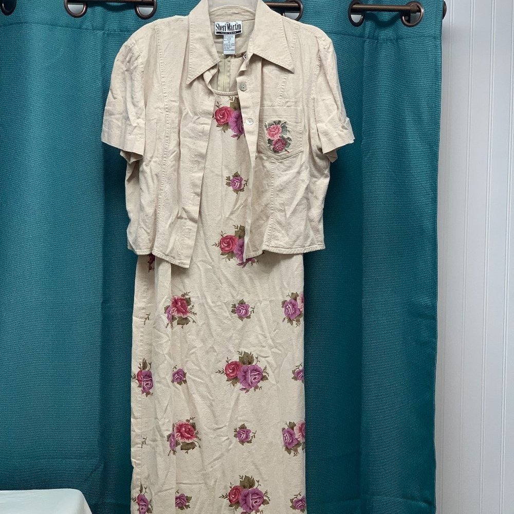 Sheri Martin Cream Maxi Dress with Pink & Purple Rose Print and Matching Jacket